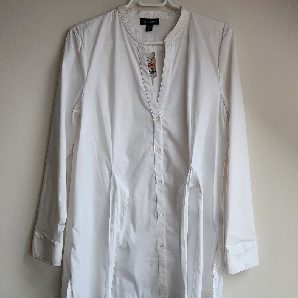 Vintage Le Chateau White Dress Shirt with Attached Tie-Belt Size L NWT